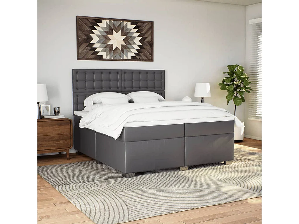 Cama box spring con colchón cuero sintético gris 200x200 cm