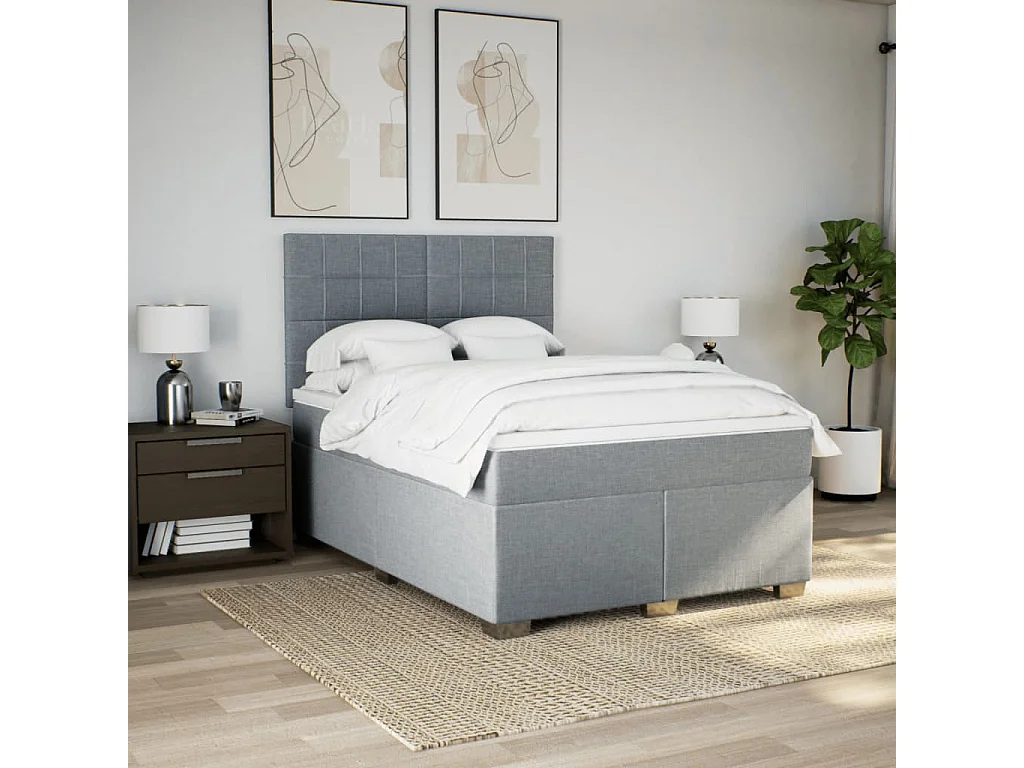Cama box spring con colchón tela gris claro 140x190 cm