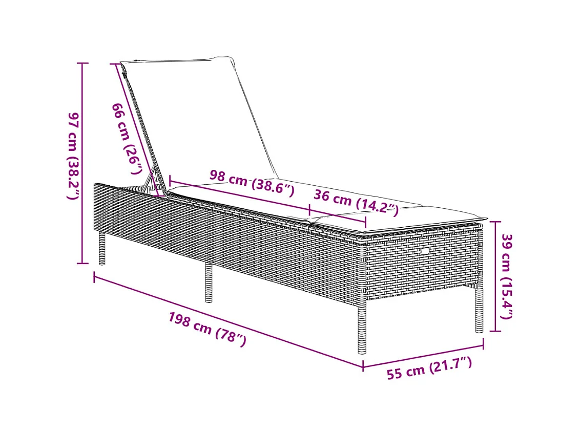 Ligbed met kussen poly rattan zwart