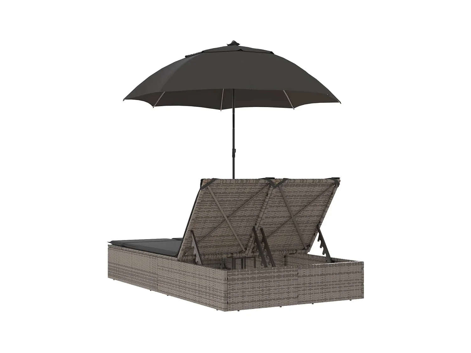 Chaise longue double et coussins et parasol gris résine tressée