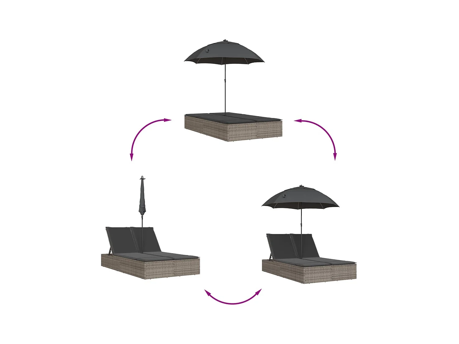 Chaise longue double et coussins et parasol gris résine tressée
