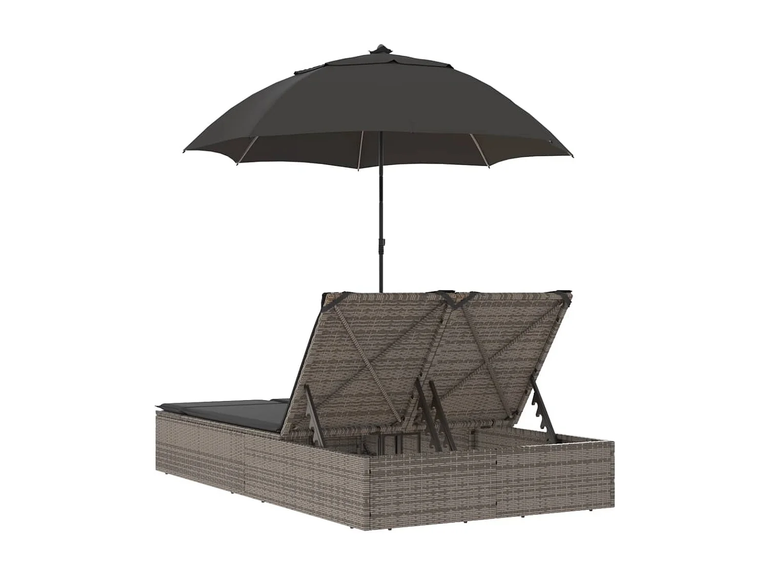 Chaise longue double et coussins et parasol gris résine tressée