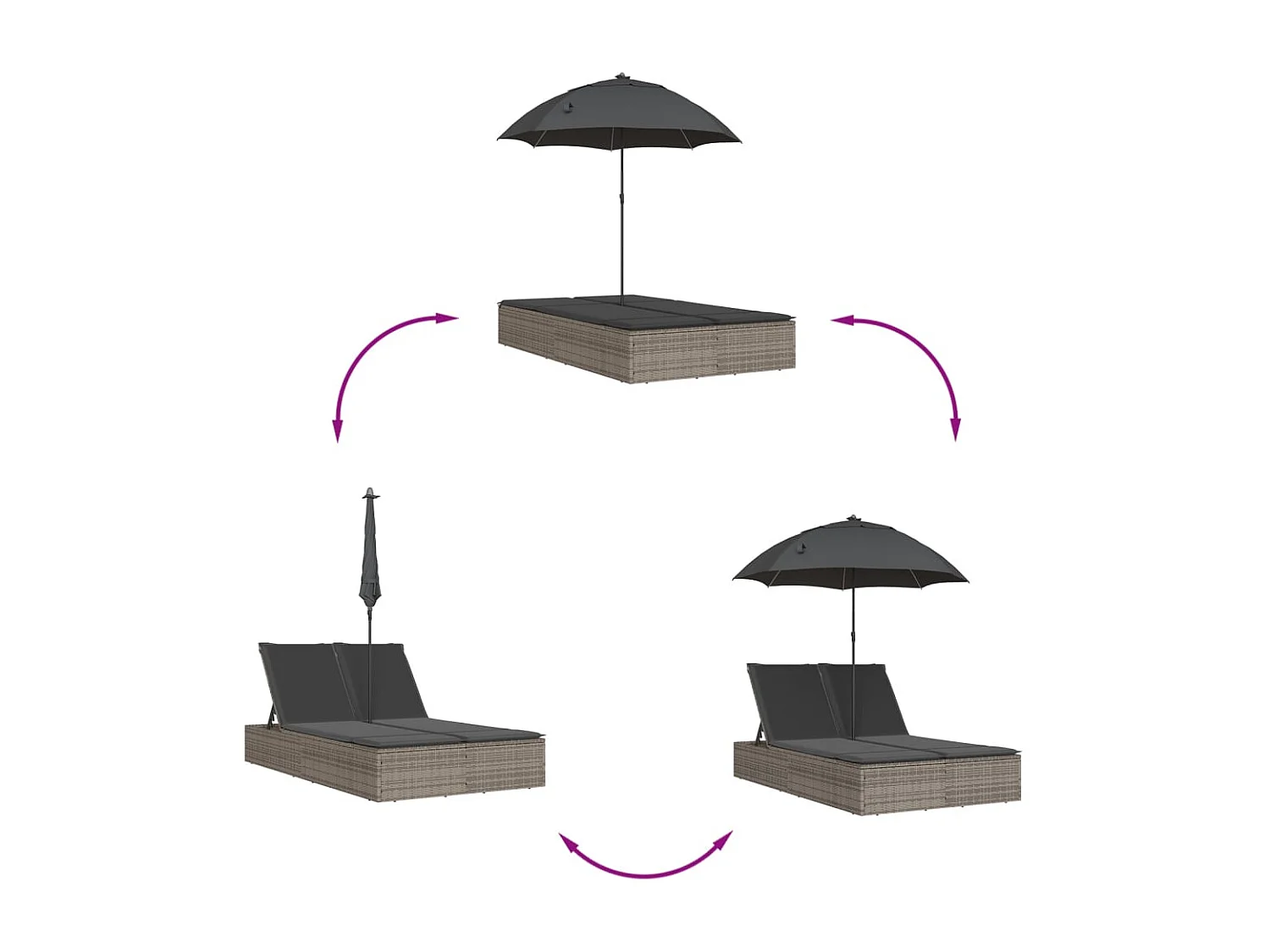 Chaise longue double et coussins et parasol gris résine tressée