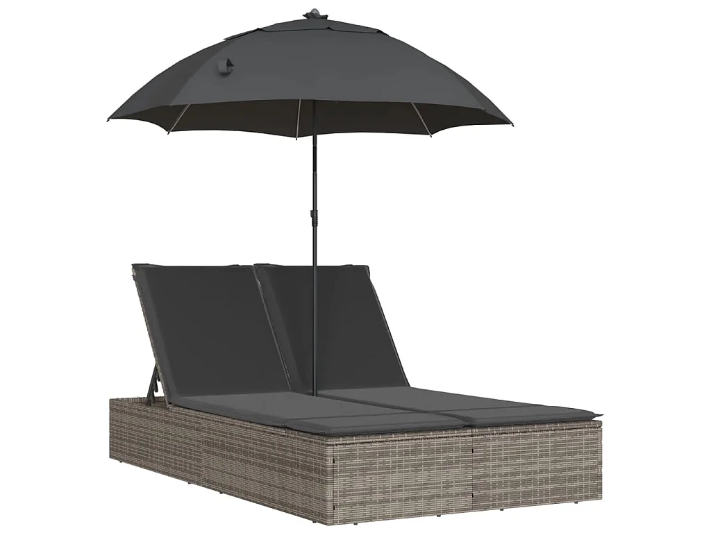 Ligbed 2-persoons met kussens en parasol poly rattan grijs