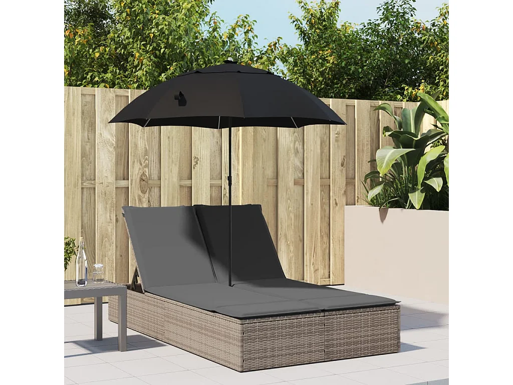 Ligbed 2-persoons met kussens en parasol poly rattan grijs