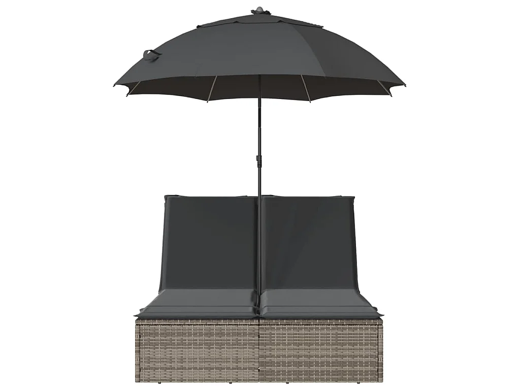 Ligbed 2-persoons met kussens en parasol poly rattan grijs