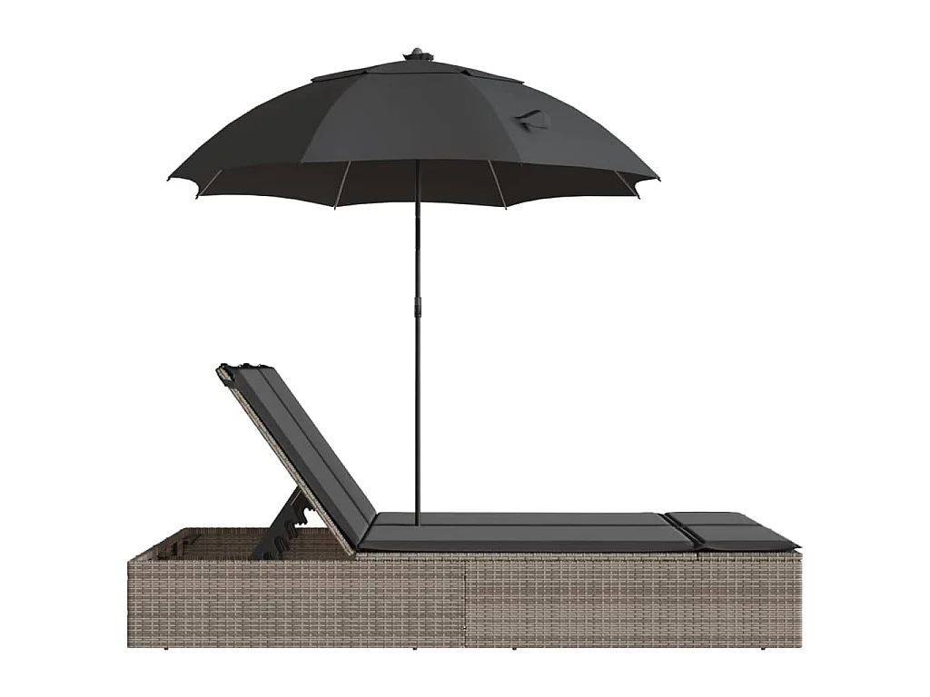 Ligbed 2-persoons met kussens en parasol poly rattan grijs