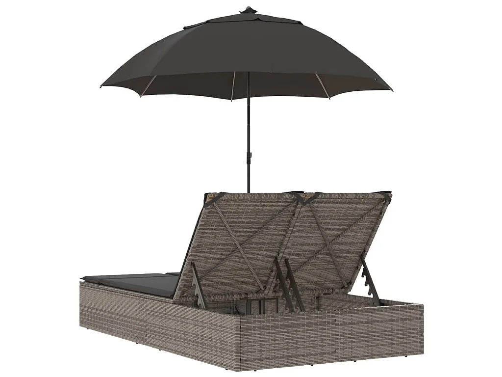 Ligbed 2-persoons met kussens en parasol poly rattan grijs