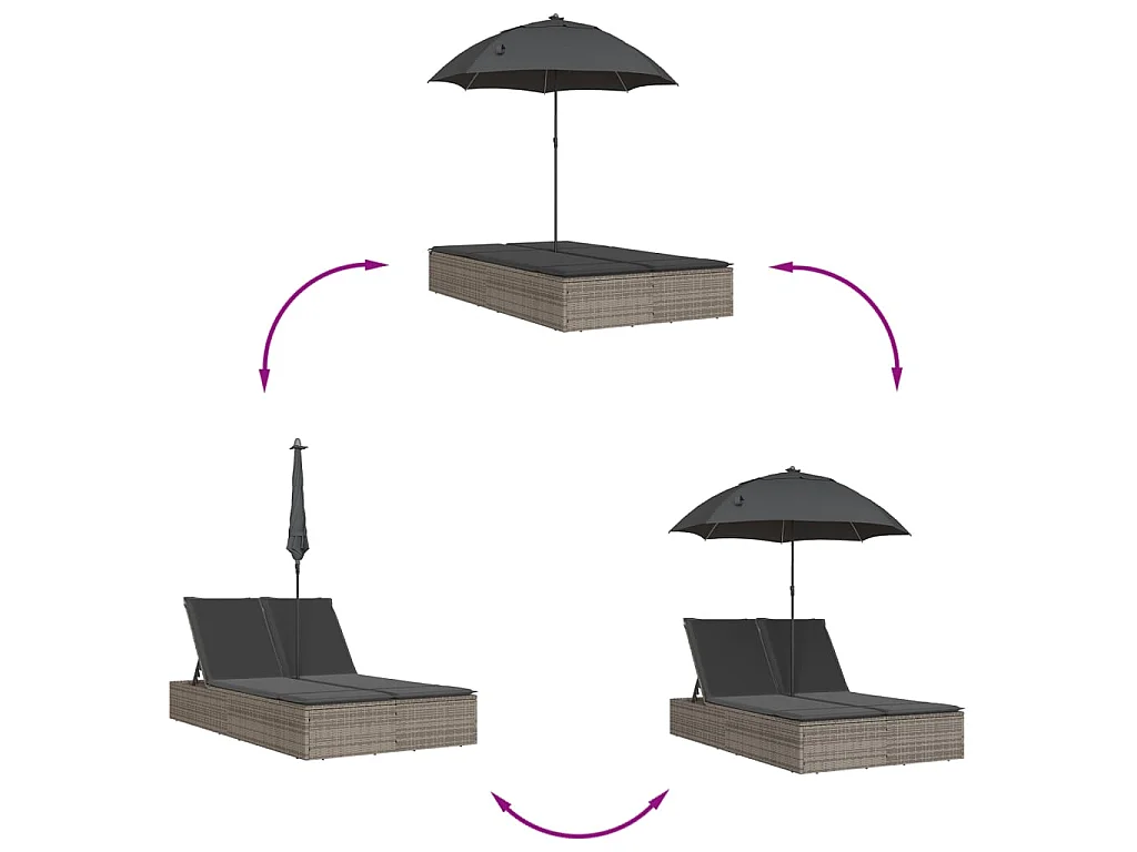 Ligbed 2-persoons met kussens en parasol poly rattan grijs