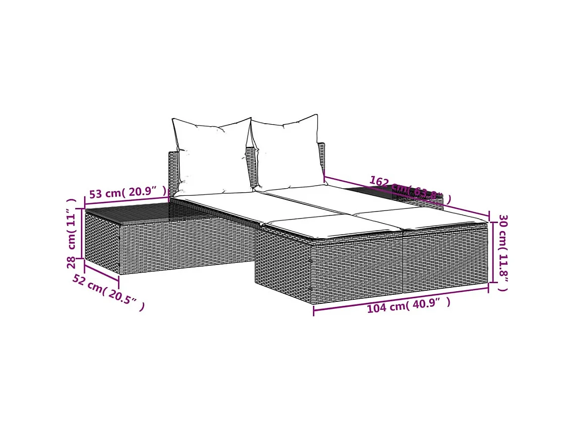 Chaise longue double avec coussins gris résine tressée