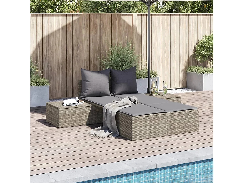 Ligbed 2-persoons met kussens poly rattan grijs