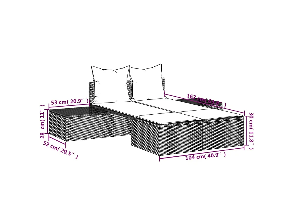 Ligbed 2-persoons met kussens poly rattan grijs