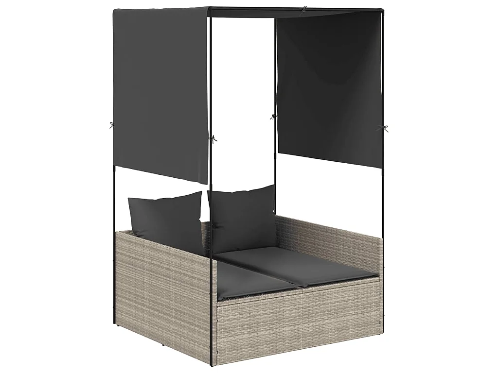 Ligbed tweepersoons met dak en gordijn poly rattan lichtgrijs