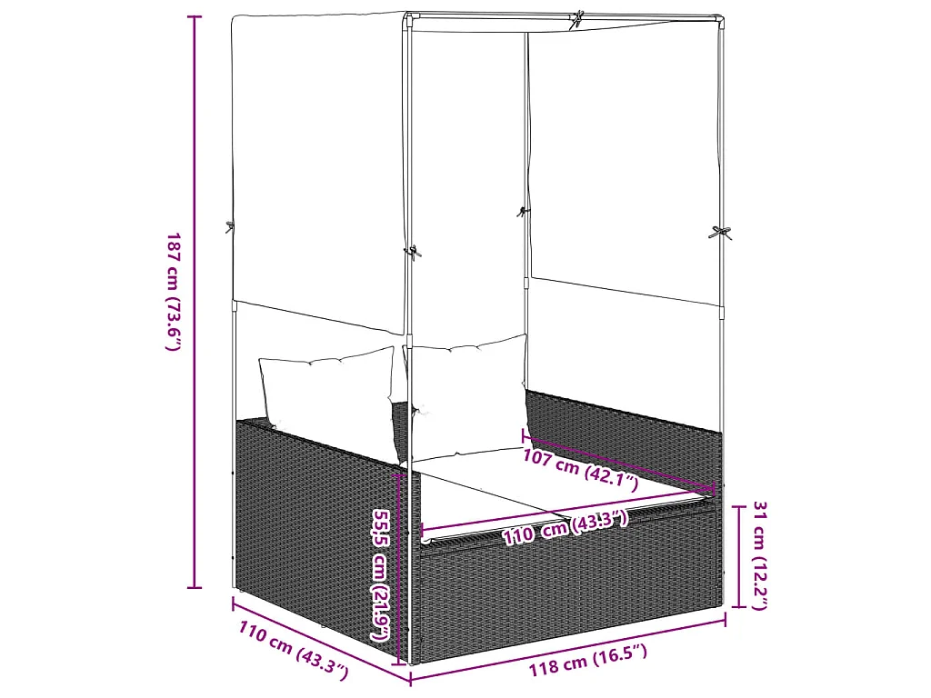 Ligbed tweepersoons met dak en gordijn poly rattan lichtgrijs