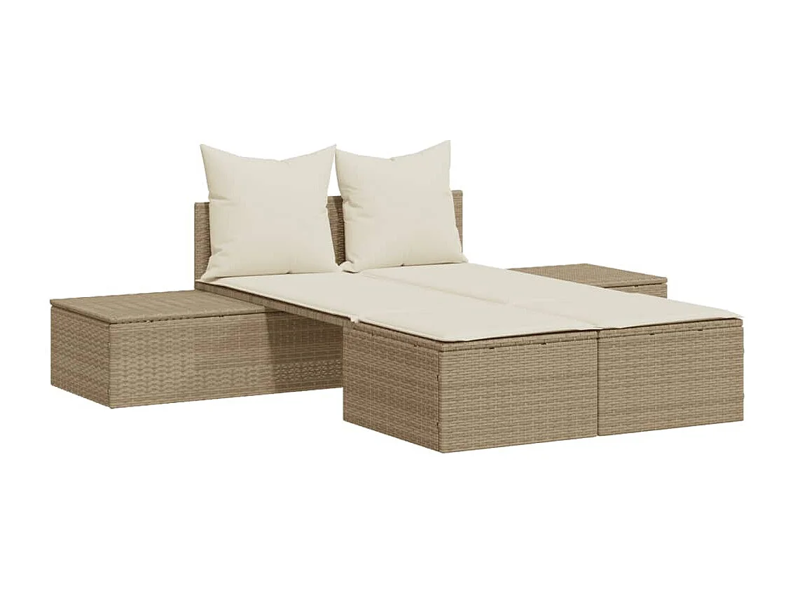 Ligbed 2-persoons met kussens poly rattan beige