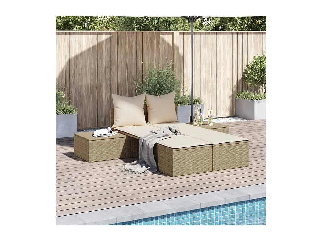 Chaise longue double avec coussins beige résine tressée