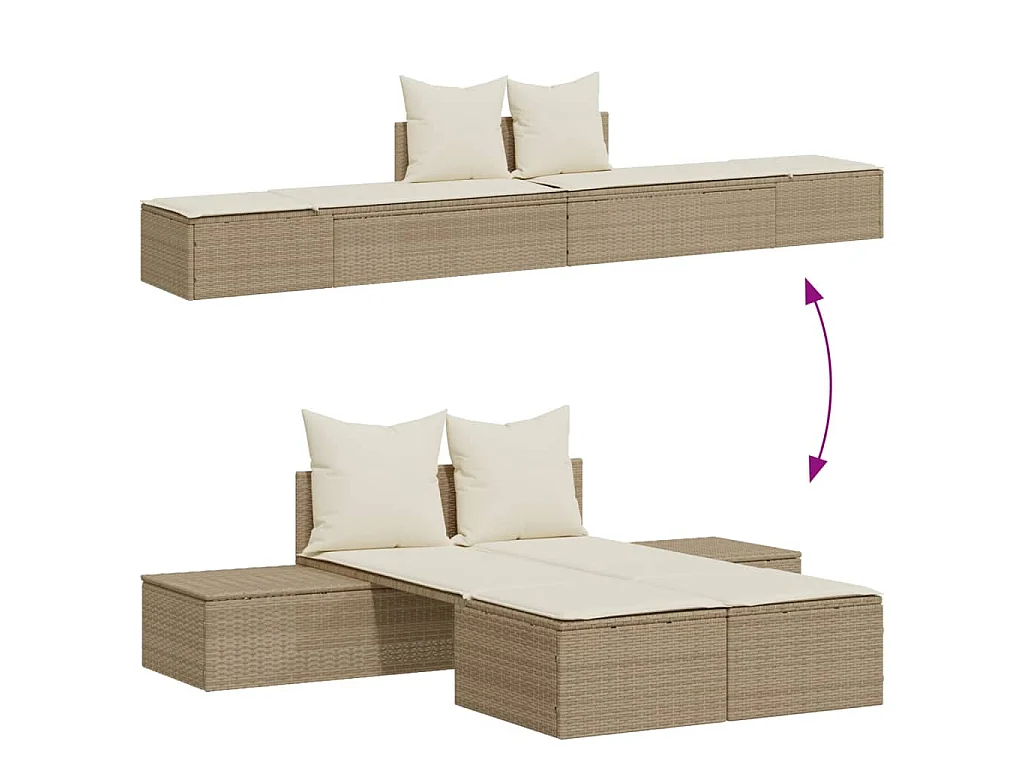 Chaise longue double avec coussins beige résine tressée