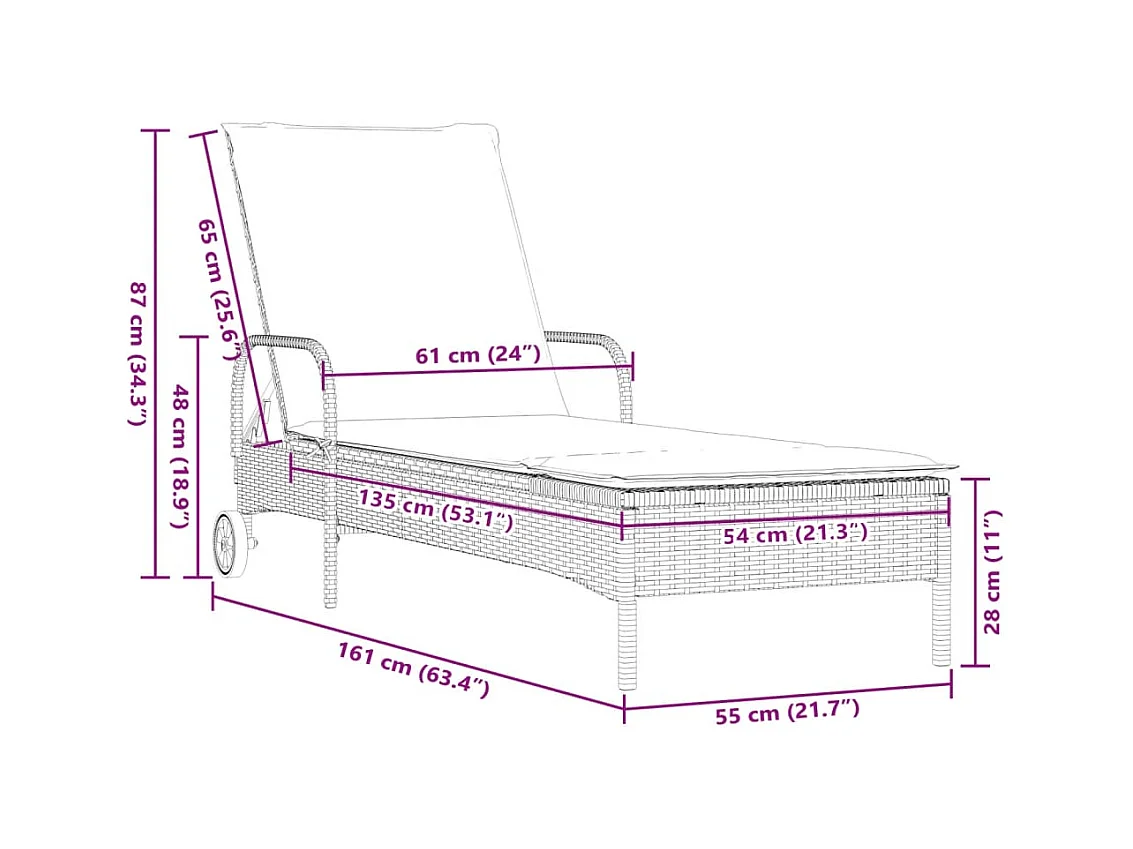 Ligbed met wielen en kussen poly rattan zwart
