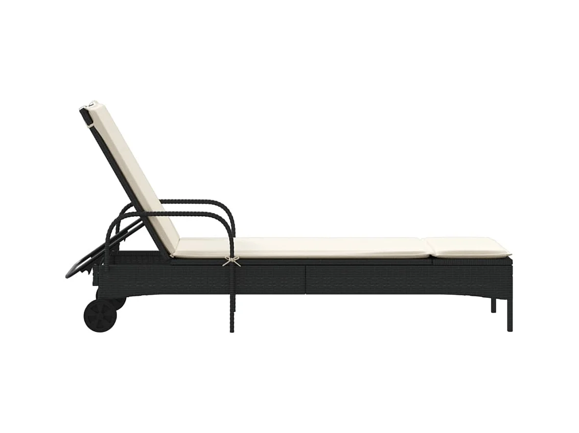 Ligbed met wielen en kussen poly rattan zwart