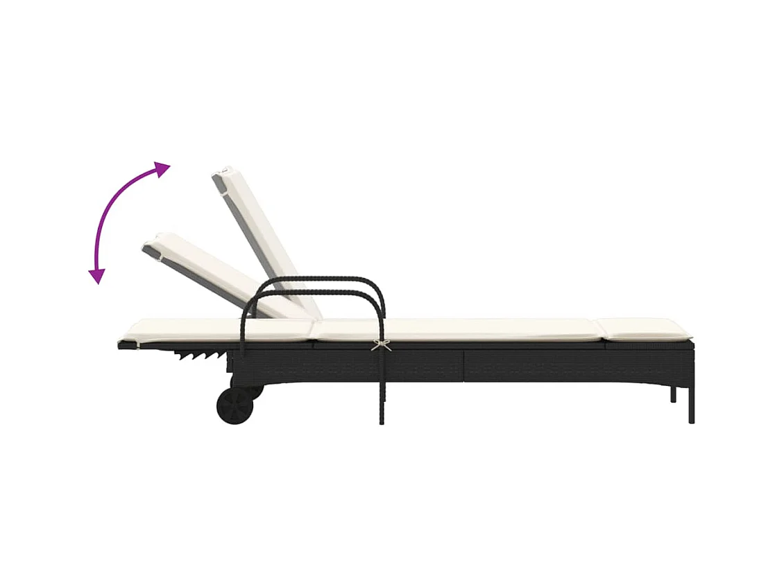 Ligbed met wielen en kussen poly rattan zwart
