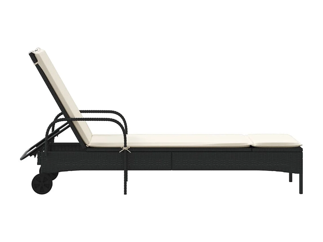 Chaise longue avec roues et coussin noir résine tressée