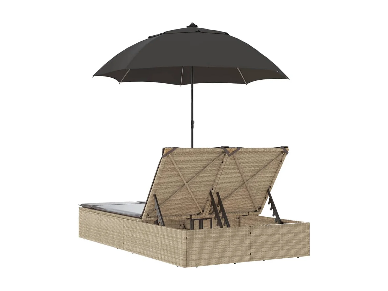 Ligbed 2-persoons met kussens en parasol poly rattan beige
