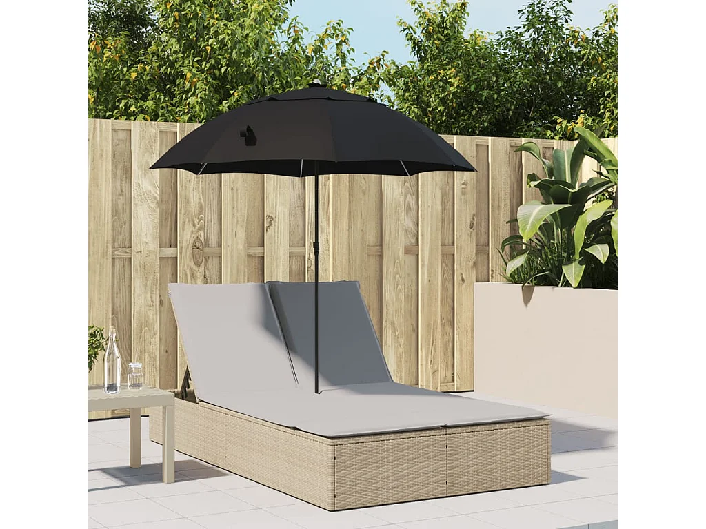 Doppel-Sonnenliege mit Kissen & Sonnenschirm Beige Poly Rattan