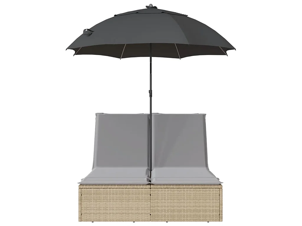 Doppel-Sonnenliege mit Kissen & Sonnenschirm Beige Poly Rattan