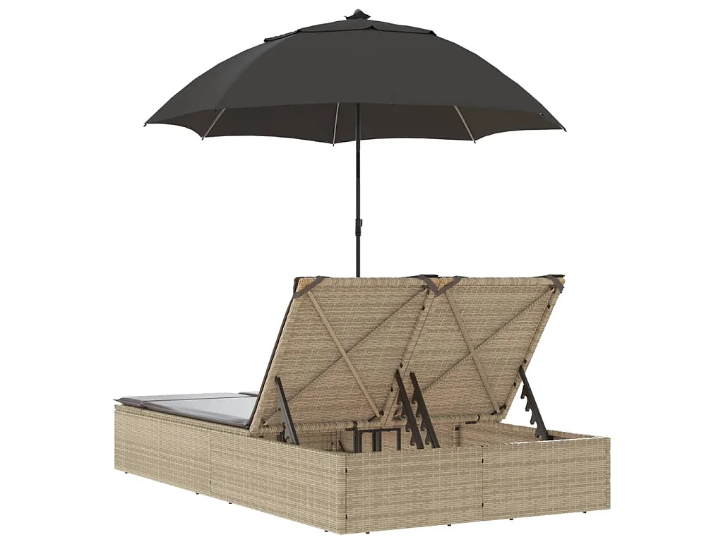 Doppel-Sonnenliege mit Kissen & Sonnenschirm Beige Poly Rattan