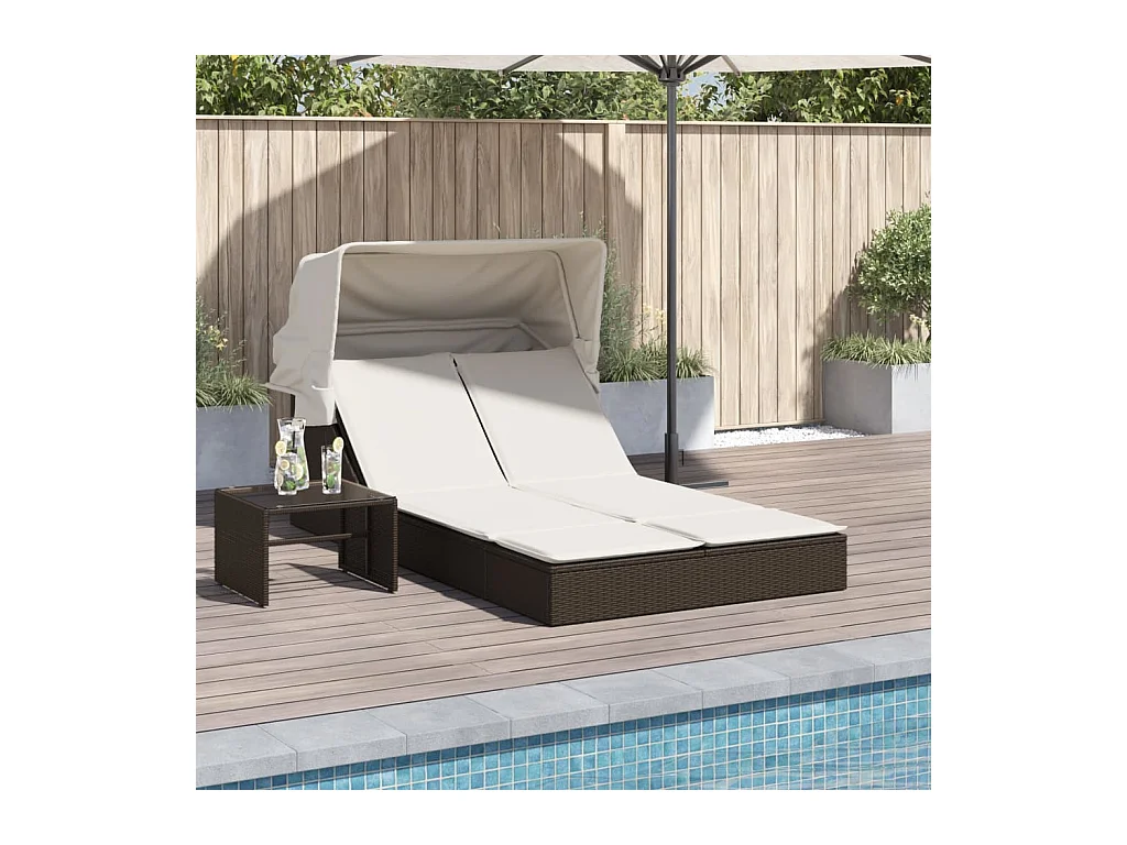Ligbed 2-persoons met luifel en kussens poly rattan bruin