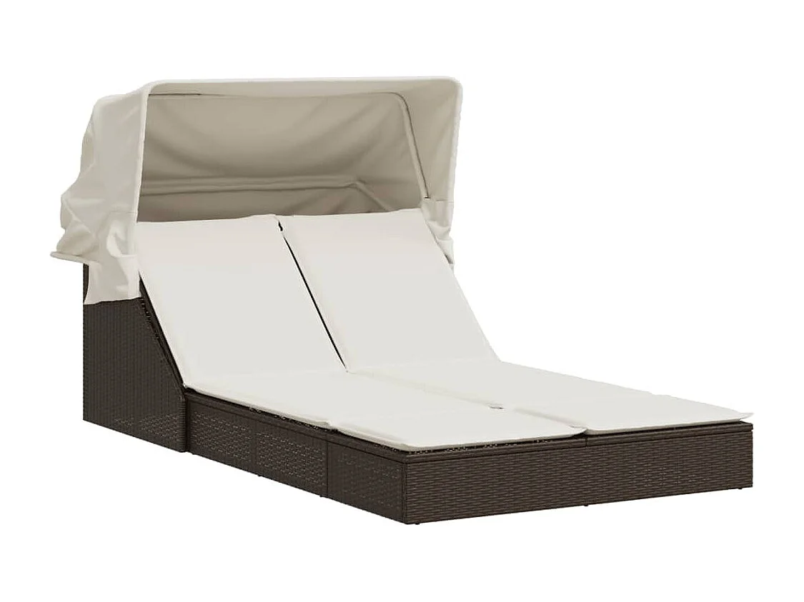Doppel-Sonnenliege mit Dach und Auflagen Braun Poly Rattan