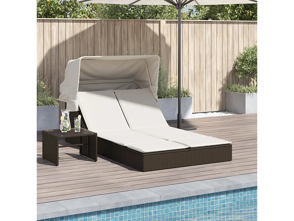 Doppel-Sonnenliege mit Dach und Auflagen Braun Poly Rattan
