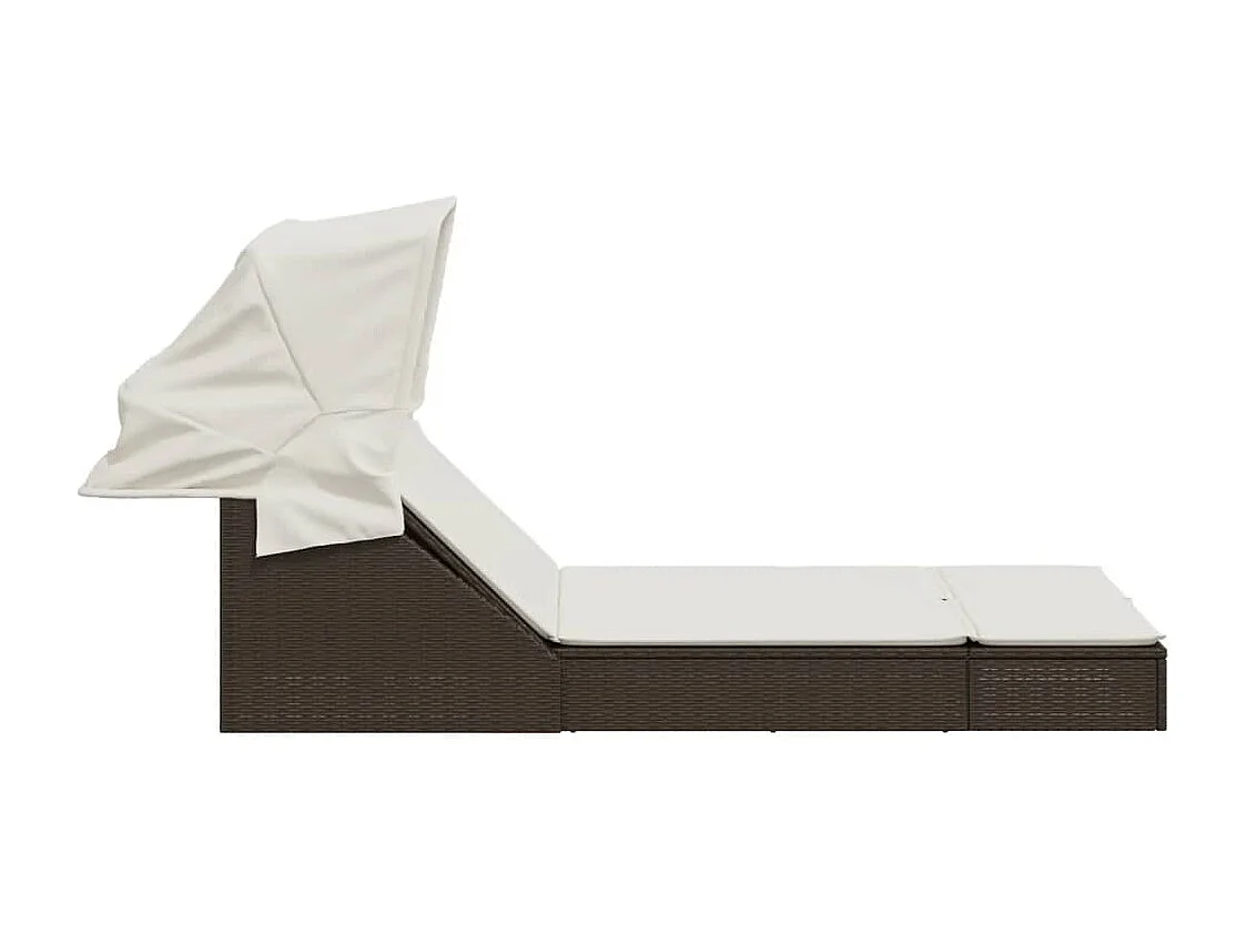 Doppel-Sonnenliege mit Dach und Auflagen Braun Poly Rattan