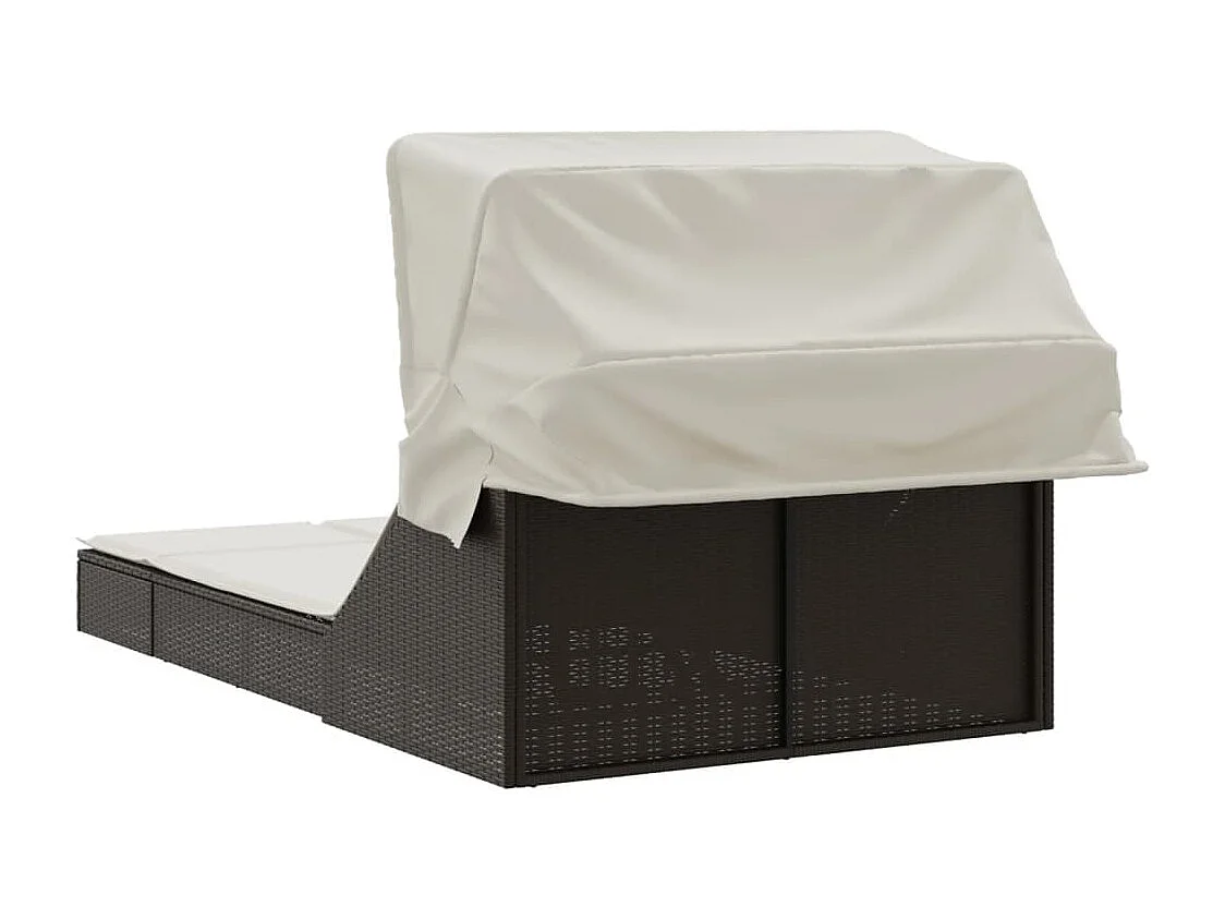 Doppel-Sonnenliege mit Dach und Auflagen Braun Poly Rattan