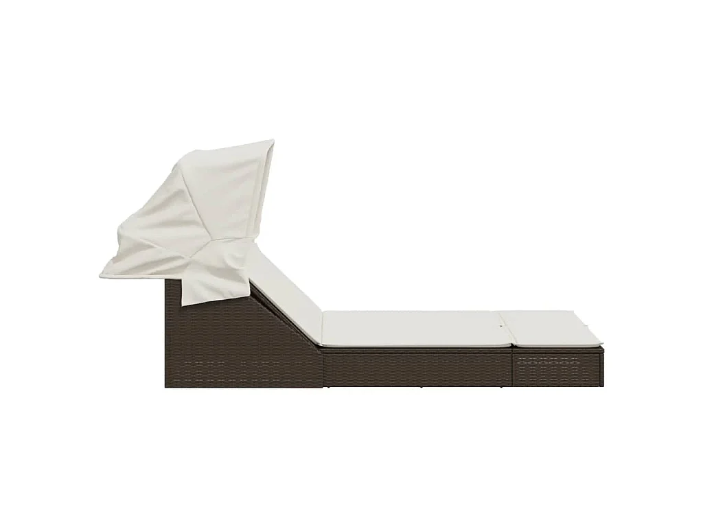 Doppel-Sonnenliege mit Dach und Auflagen Braun Poly Rattan