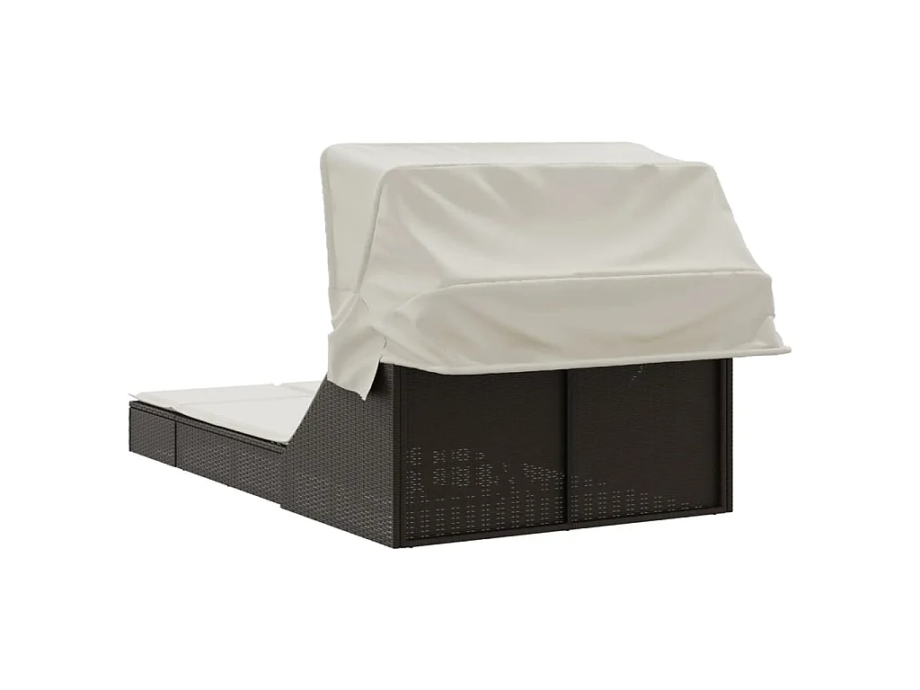 Doppel-Sonnenliege mit Dach und Auflagen Braun Poly Rattan