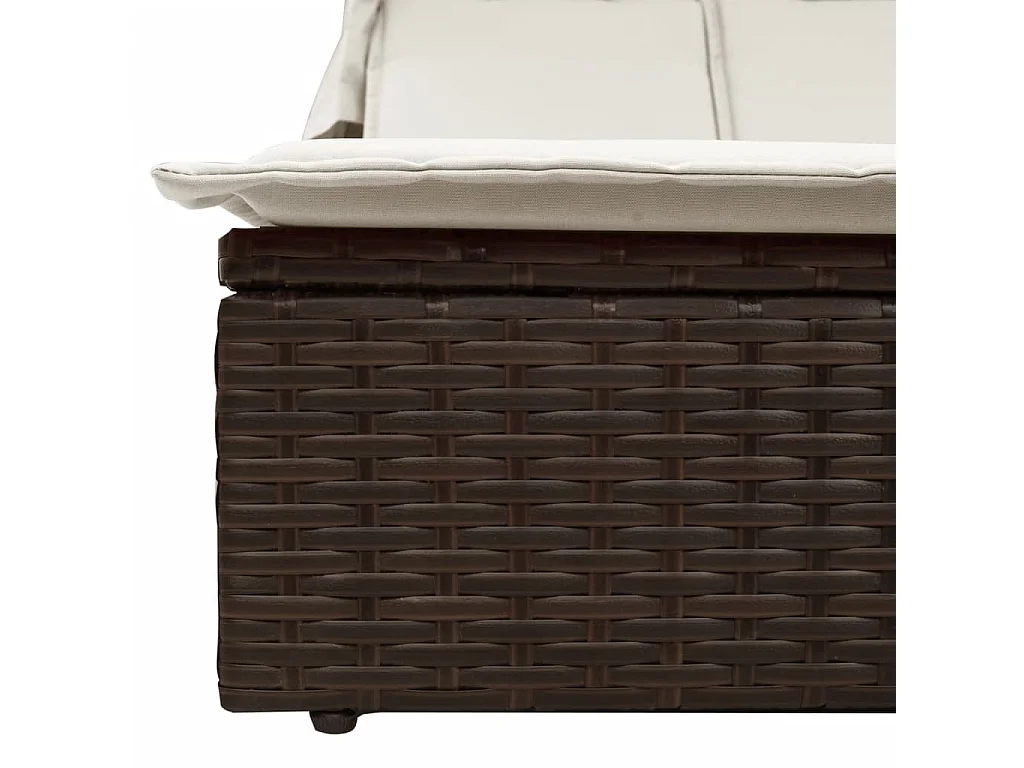 Doppel-Sonnenliege mit Dach und Auflagen Braun Poly Rattan