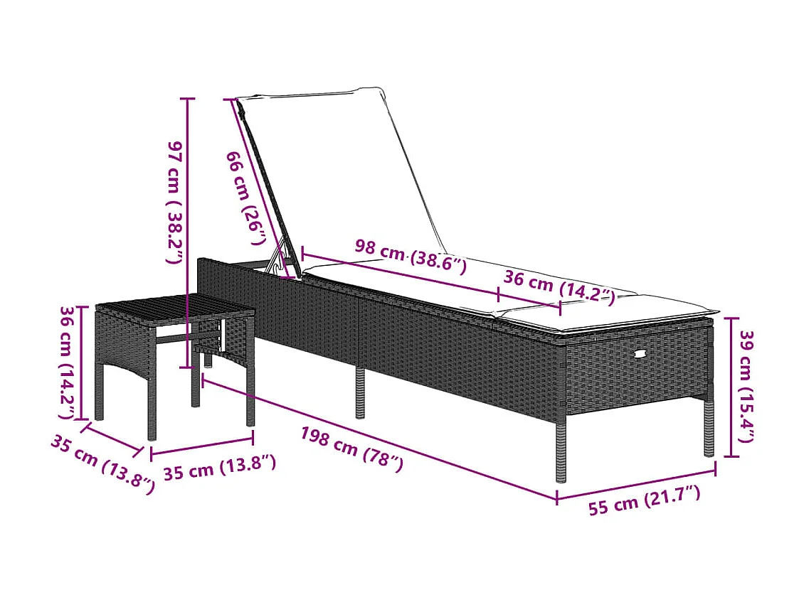 Ligbed met tafel en kussen poly rattan lichtgrijs