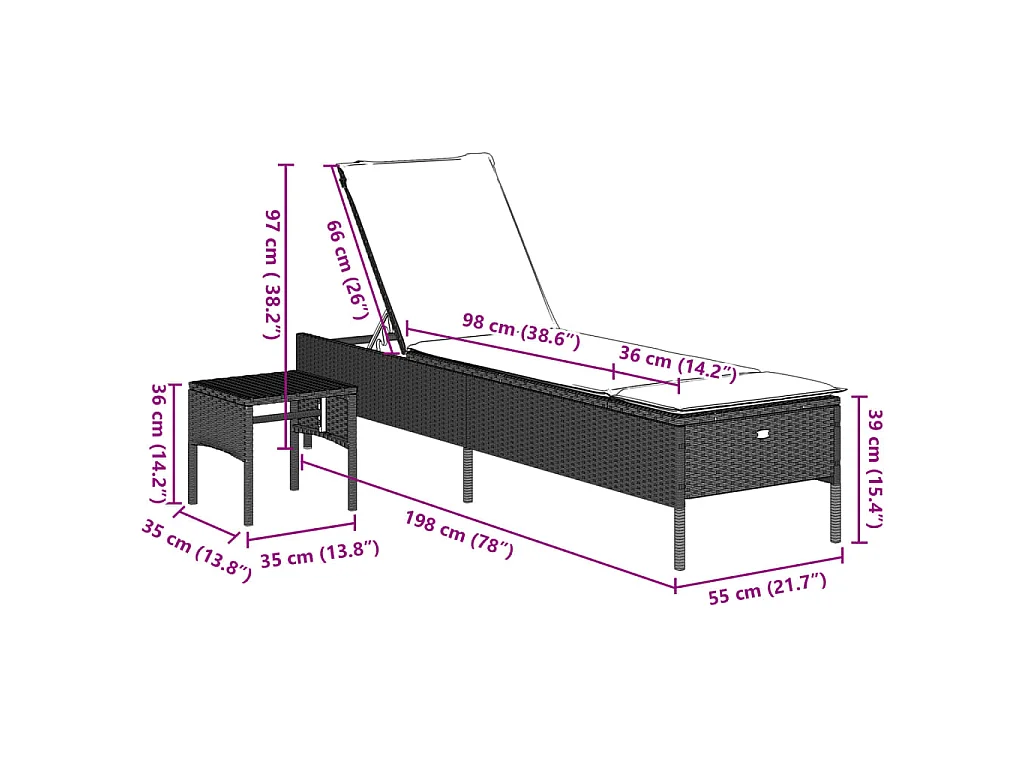 Ligbed met tafel en kussen poly rattan lichtgrijs
