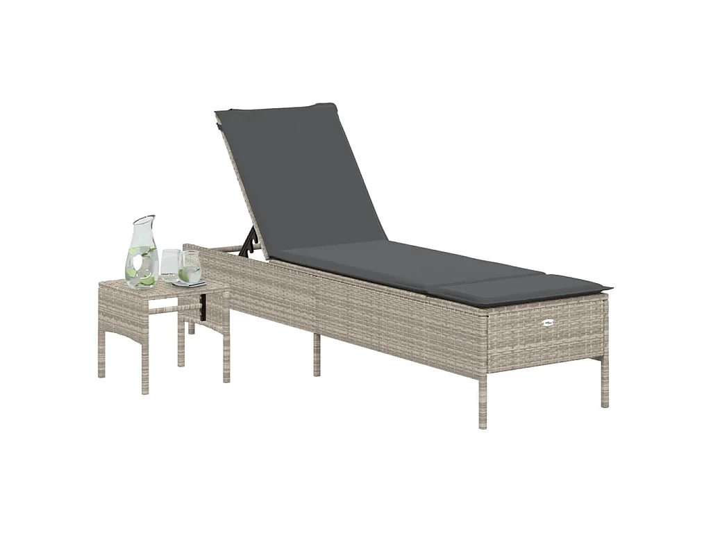 Lettino con Tavolo e Cuscino Grigio Chiaro in Polyrattan
