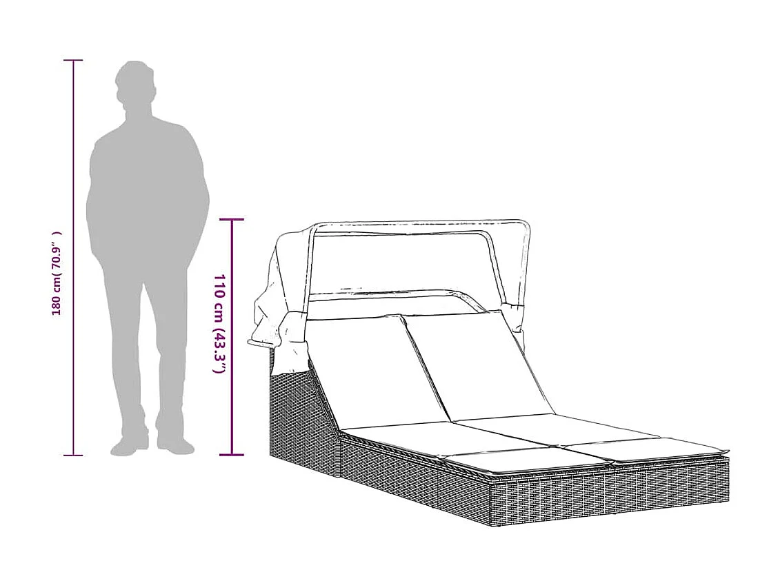 Chaise longue double et auvent et coussins gris résine tressée