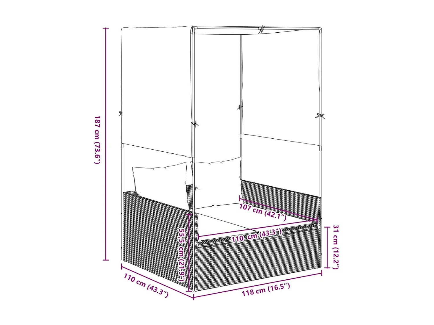 Ligbed tweepersoons met dak en gordijn poly rattan bruin