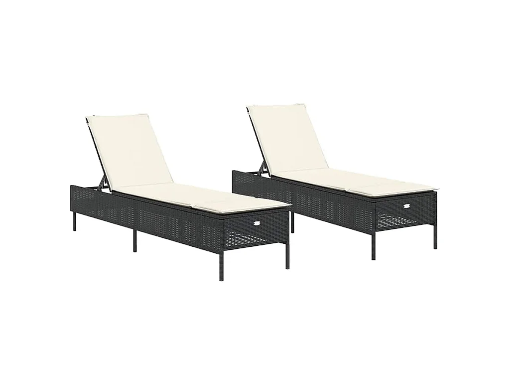 Ligstoelen 2 st met kussens poly rattan zwart