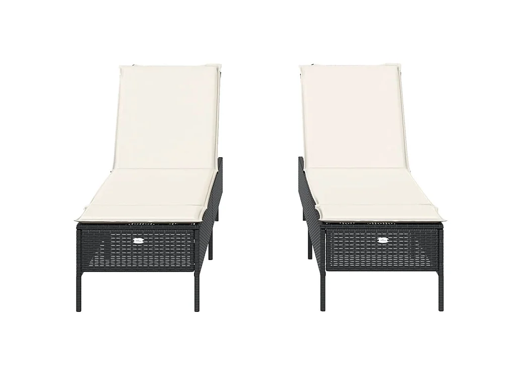 Ligstoelen 2 st met kussens poly rattan zwart