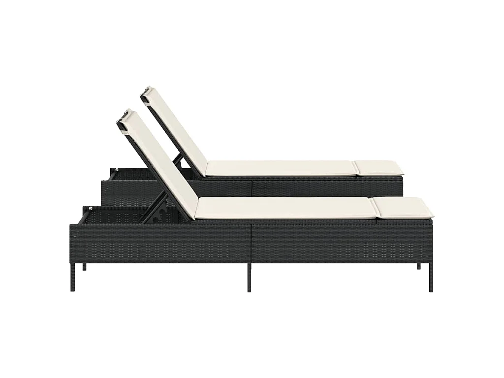 Ligstoelen 2 st met kussens poly rattan zwart