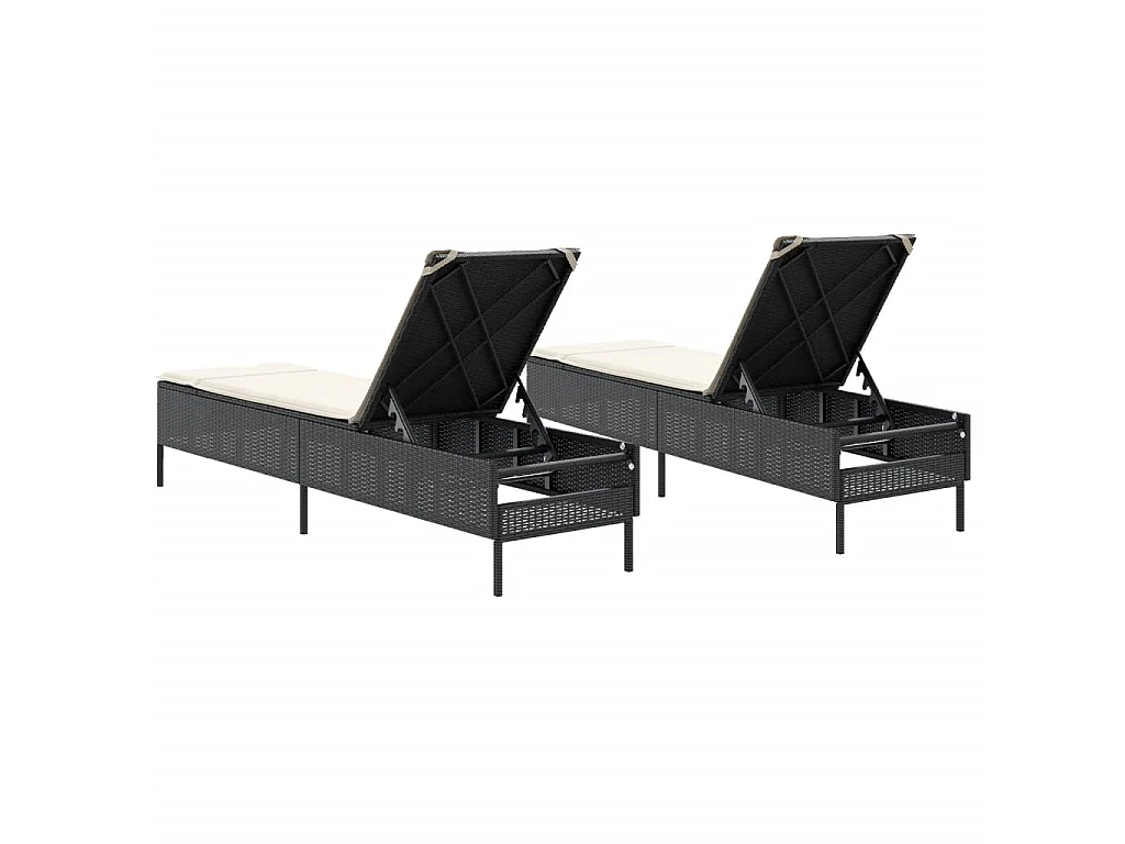Ligstoelen 2 st met kussens poly rattan zwart