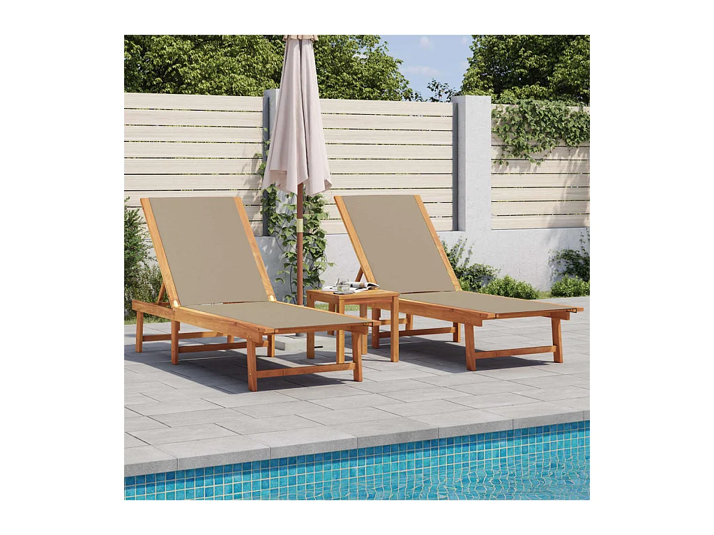 Chaises longues lot de 2 table taupe bois d'acacia et textilène