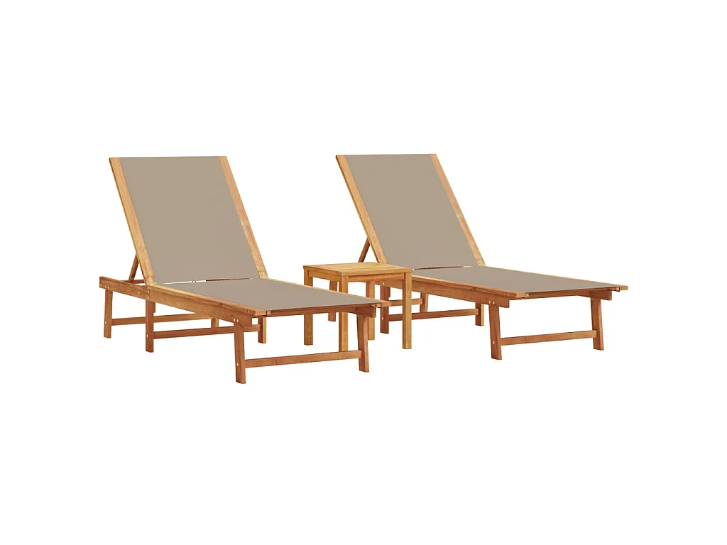 Tumbonas 2 uds con mesa madera maciza acacia y textileno taupe