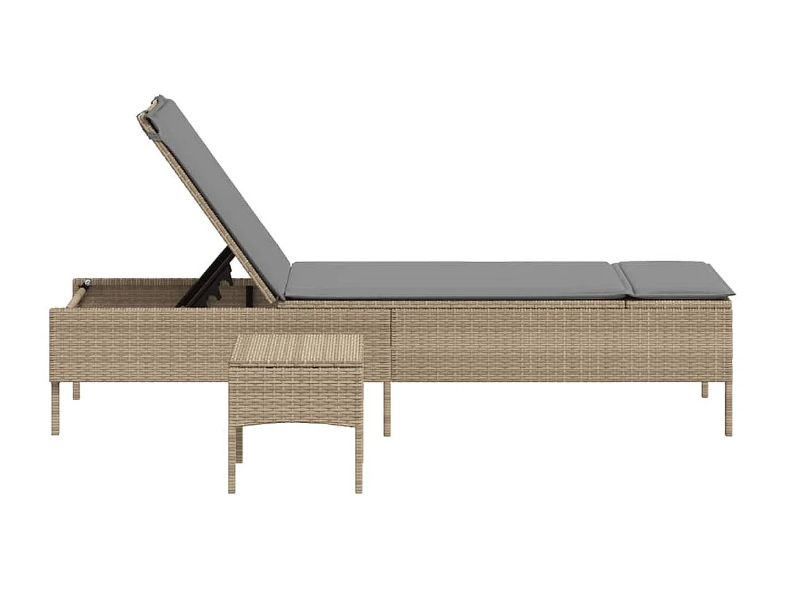 Lettino Prendisole con Tavolo e Cuscino Beige in Polyrattan