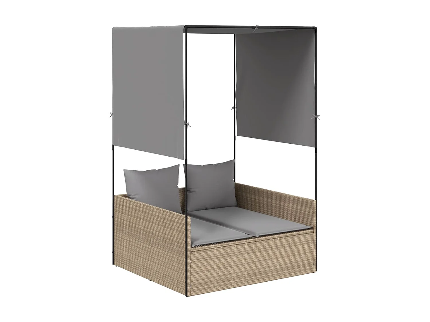 Lettino Prendisole con Tetto e Tende Beige in Polyrattan